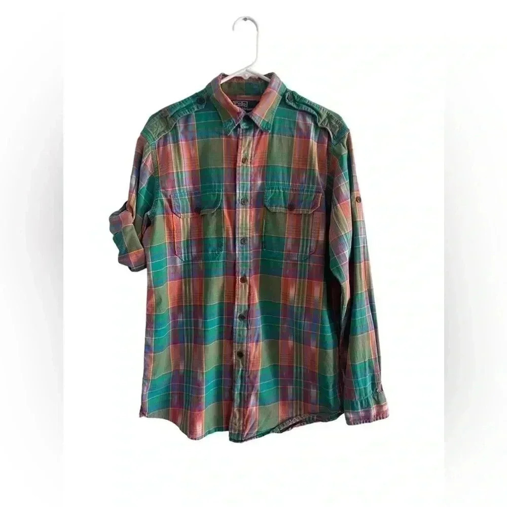 Polo by Ralph Lauren : button down shirt with roll up tabs on sleeves.